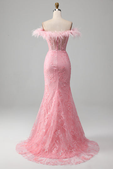Mermaid Off the Shoulder Sparkly Pink Feathers Corset Ball Dress With Slit